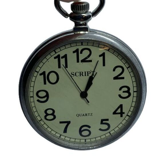 Script Brand Vintage Silver Tone Open Face Retro Pocket Watch *FRESH BATTERY* - Picture 1 of 5